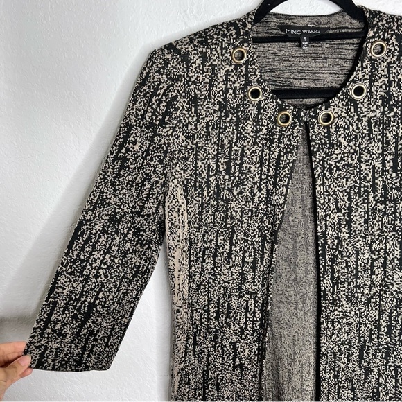 Ming Wang Cardigan Women Small Sweater Mid Length Tan Black 3/4 Sleeve Knit B6 - Picture 2 of 11